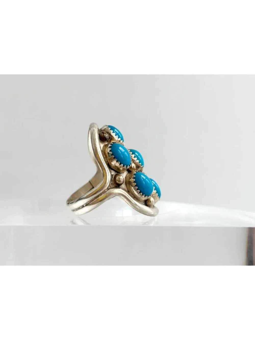 Navajo Sleeping Beauty Turquoise Cluster Sterling Silver 925 Vintage Ring - sz 8